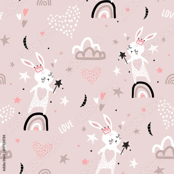 Fototapeta Seamless childish pattern with bunny princess on rainbow. Creative kids texture for fabric, wrapping, textile, wallpaper, apparel. Vector illustration