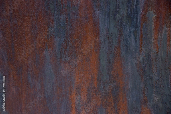 Obraz Background interesting rusty wall with scratches. Dark red, red, blue, purple, dark turquoise