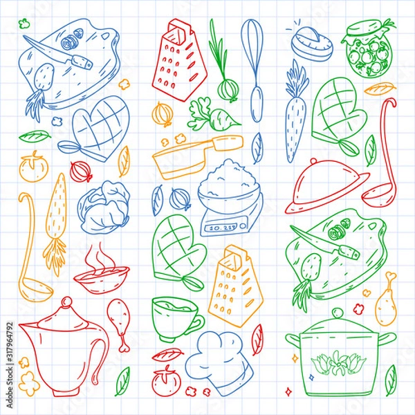 Fototapeta Pattern with gastronomy icons, vector cuisine and fast food cafe bright background for menu, receipts. Colorful, pictures on a sheet of checkered paper on a white background.