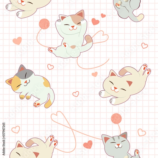 Fototapeta The seamless pattern of cute cat and heart and yarn. The character of cute cat with yarn and heart. The pattern of heart and yarn. The character of cute cat in flat vector style.