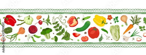 Fototapeta Horizontal border with openwork border and fresh bright vegetables