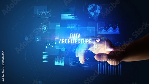 Fototapeta Hand touching DATA ARCHITECTURE inscription, new business technology concept