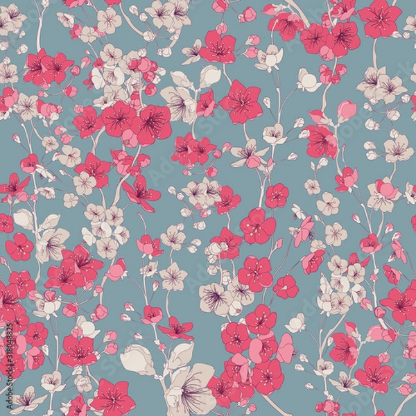 Fototapeta Vector Retro Seamless Botanical Cherry Flower Textile Background