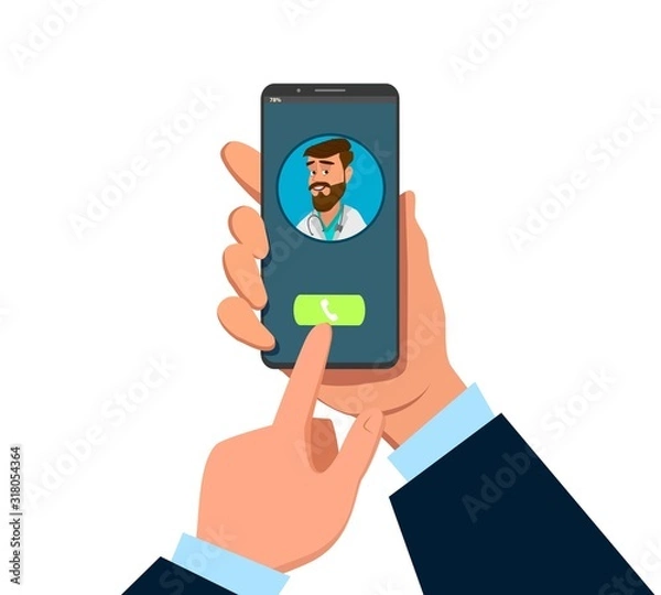 Obraz Woman Hand holding smartphone with female therapist on call and an online consultation. Vector flat illustration. Ask doctor.