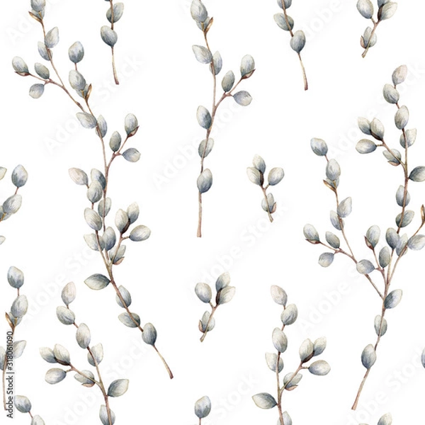 Obraz Akwarela bezszwowe wzór z gałęzi wierzby. Ręcznie malowane drewno wierzby na białym tle. Ilustracja wiosna do projektowania, drukowania, tkaniny lub tła. Szablon na wakacje.