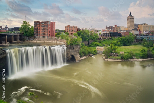 Fototapeta High Falls district in Rochester New York under cloudy summer skies