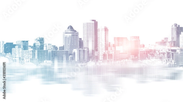 Fototapeta Abstract city building skyline metropolitan area in contemporary color style and futuristic effects. Real estate and property development. Innovative architecture and engineering concept.