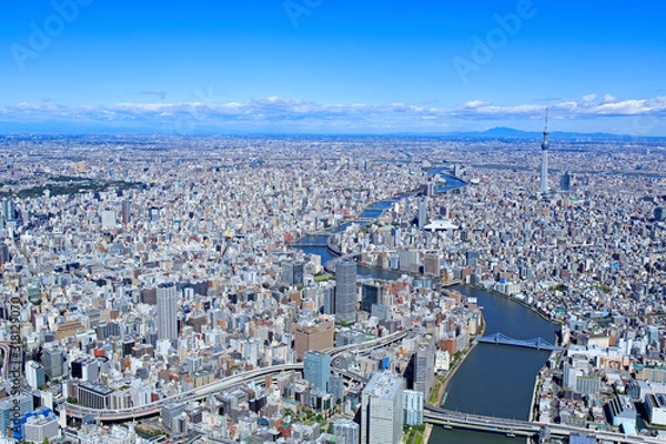 Fototapeta 都市風景・箱崎上空より隅田川とスカイツリー