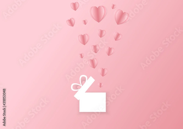 Obraz Valentines hearts with gift box postcard. Paper flying elements on pink background. Vector symbols of love in shape of heart for Happy Women's, Mother's, Valentine's Day, birthday greeting card design