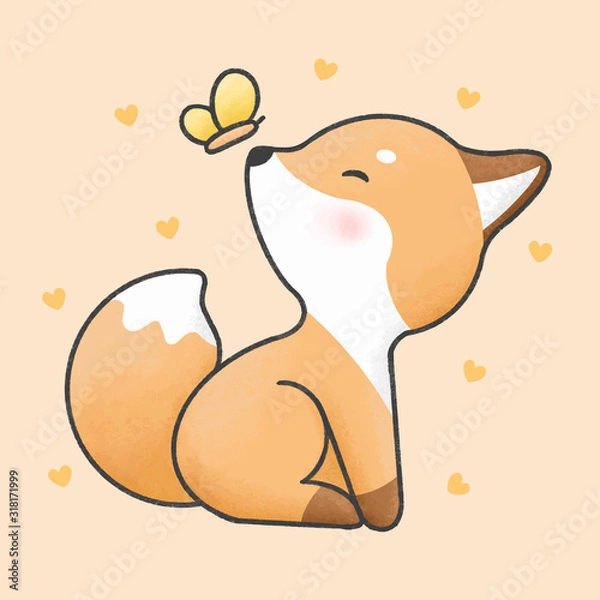 Obraz Cute fox and butterfly cartoon hand drawn style