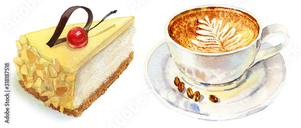 Fototapeta Cup of coffee and cheesecake isolated on white background, watercolor illustration in hand-drawn style.