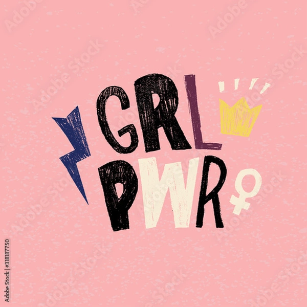 Fototapeta Girl power lettering hand drawn design. Feminism and body positivity movement vector illustration in cartoon style