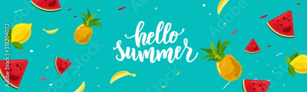 Obraz Hello summer hand lettering text as logotype, label, badge, icon, postcard, card, invitation, banner template. Special summer sale typography poster. Vector illustration.