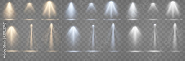 Fototapeta Zestaw reflektorów świeci na scenie, scenie, podium. Jasne oświetlenie z reflektorami. Oświetlenie punktowe sceny. Efekt światła lampy błyskowej obiektywu z lampy lub plamki.