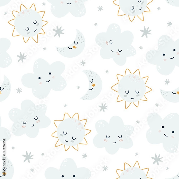 Obraz seamless pattern with cute moon and cloud on a white background - vector illustration, eps