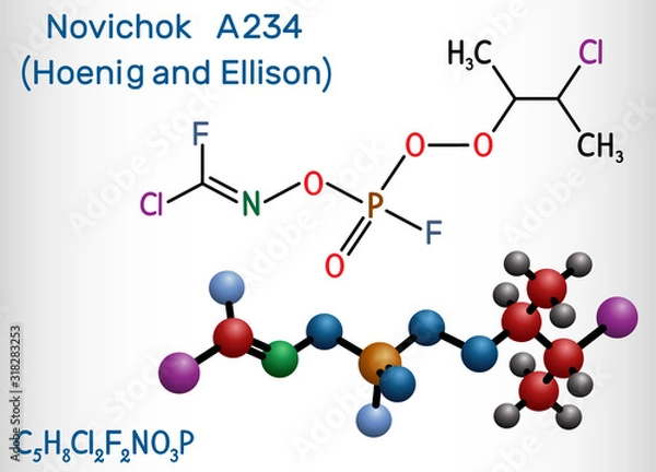 Fototapeta Novichok A-234 , organophosphate,  nerve agent, according to Hoenig and Ellison, C5H8Cl2F2NO3P molecule. Structural chemical formula and molecule model