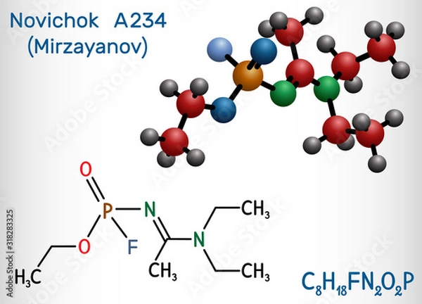 Fototapeta Novichok A-234 , organophosphate,  nerve agent, according to Mirzayanov, C8H18FN2O2P molecule. Structural chemical formula and molecule model