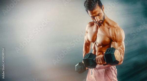 Fototapeta Strong Muscular Men Exercise With Weights. Bodybuilder doing dumbbell bicep curls