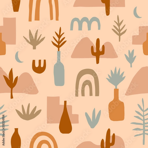 Fototapeta Abstract seamless pattern with plants, vases and graphic elements. Trendy graphic design for banner, poster, card, invitation, placard or textile