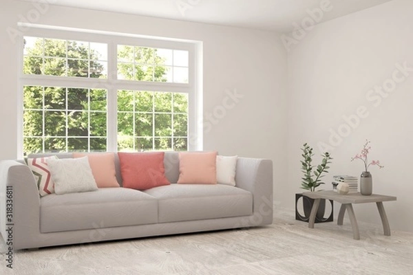 Fototapeta Stylish room in white color with sofa and summer landscape in window. Scandinavian interior design. 3D illustration