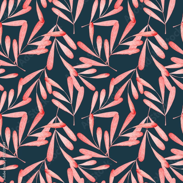 Fototapeta Seamless pattern,  red leaves, watercolor painting, color background.