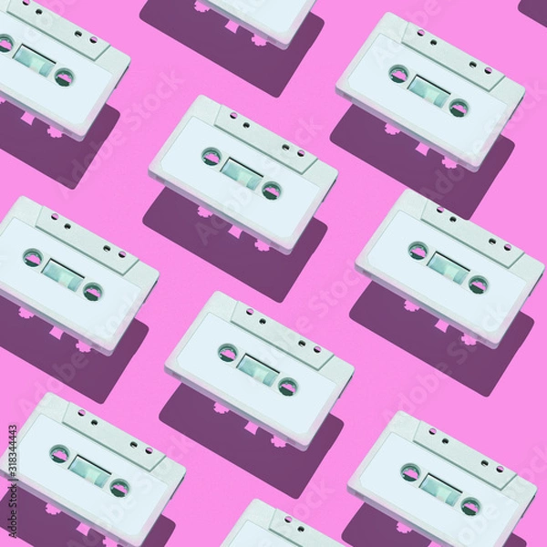 Fototapeta Audio cassette pattern on colored background. Audio cassette tape. Vintage disco poster. Pattern of audio cassetes