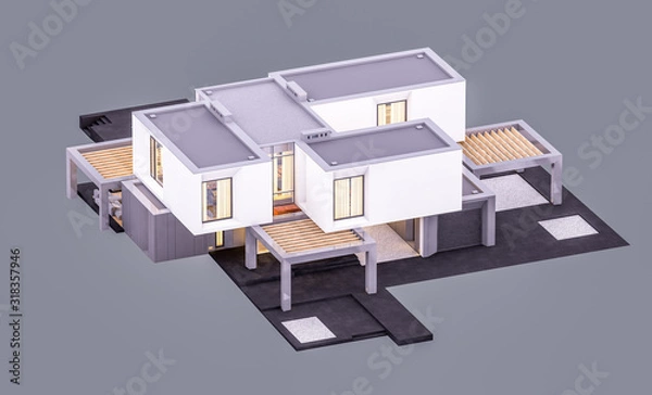 Obraz 3d rendering of modern cozy house in the garden with garage and pool for sale or rent in evening with cozy light from window. Isolated on gray