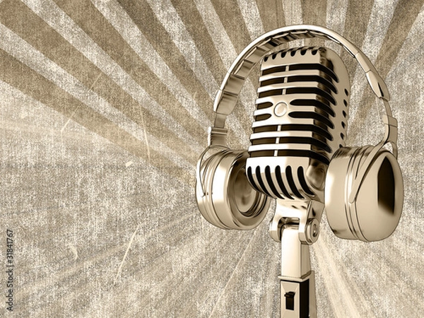 Obraz Microphone with headphones on the old background