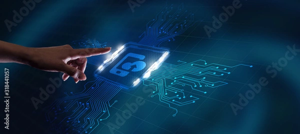 Fototapeta Cloud computing concept. Business, technology, internet and networking concept. Young businessman select the icon Cloud on the virtual display.