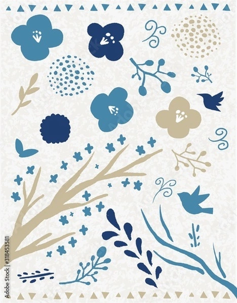 Obraz 北欧レトロの鳥と植物のベクターイラスト