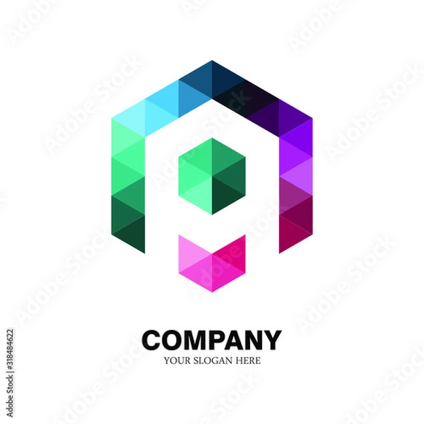 Fototapeta the letter logo A, with the hexagon shape of a collection of triangles. modern template. colorful texture. isolated white.A logo technology for companies, digital graphics and graphics