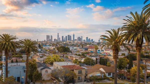 Fototapeta Piękny zachód słońca na panoramę centrum Los Angeles i palmy