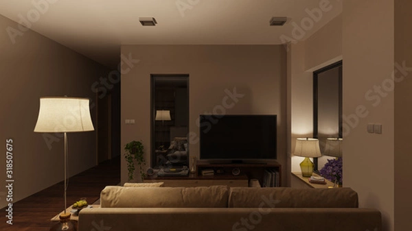 Fototapeta Softly Illuminated Living Room with Furniture at Night 3D Rendering