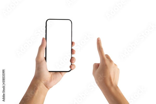 Obraz left hand holding smartphone blank screen and right hand point or touch isolated on white background with clipping path.