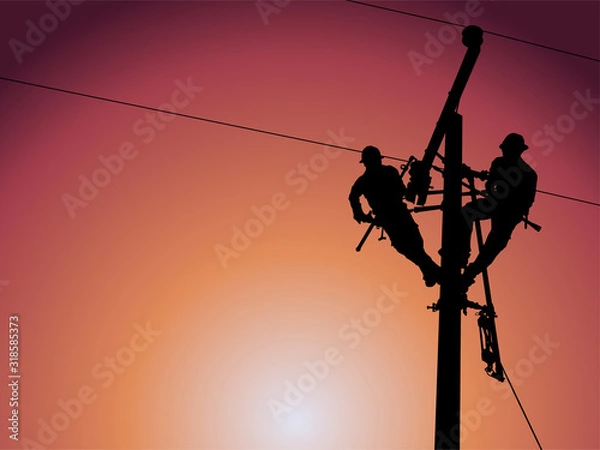 Fototapeta The silhouette of lineman are replacing damaged insulator insulators by using insulated wire-tong sets, tie stick and robe box sets in sliding wires going out in a safety working distance.