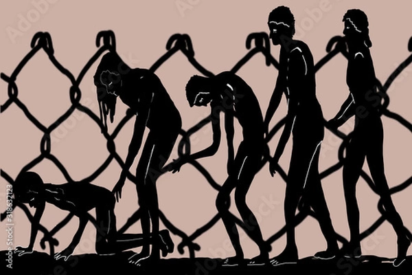 Fototapeta silhouette prigionieri con rete metallica