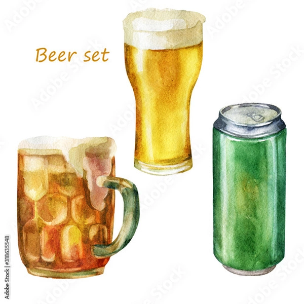 Obraz Watercolor illustration of a set of beer. A mug of beer, a glass of beer, a can of beer.