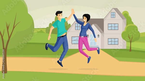 Obraz Smiling couple and country house flat vector illustration. Bargain, good buy, joyfulness, positive emotions. Happy family, jumping boyfriend and girlfriend outdoor cartoon characters