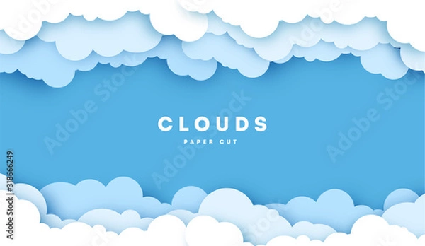 Fototapeta Biała chmura na niebieskim niebie cięcia papieru. Ilustracja wektorowa sztuki papieru. Styl cięcia papieru. Miejsce na tekst.