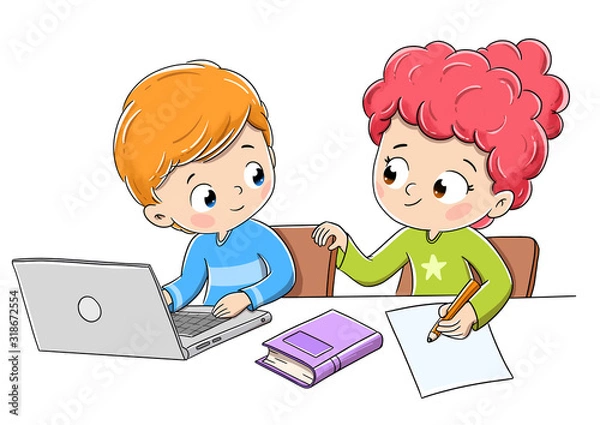 Obraz Children doing homework with a computer and a book