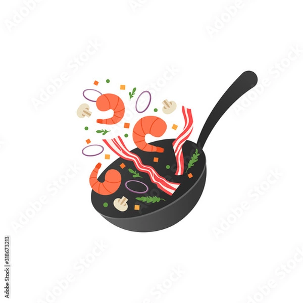 Fototapeta Cooking process vector illustration. Flipping fry shrimps and bacon in a pan. Cartoon flat style