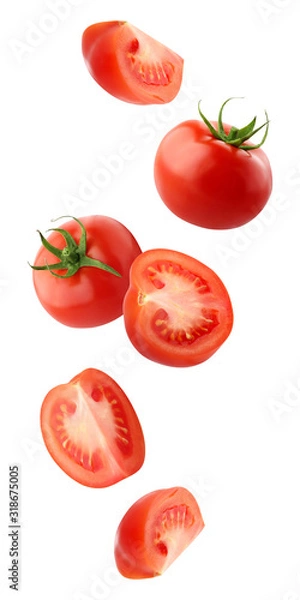 Obraz falling tomatoes isolated on a white background with a clipping path.