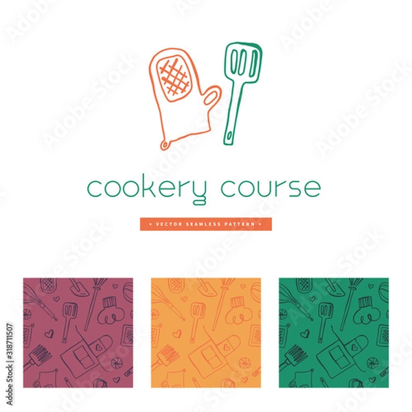 Fototapeta Vector badge for Cooking classes. Seamless pattern for banner of cooking courses. Kitchen utensils pattern. Vector templates for bakehouse packaging in trendy line ink style. Bread house banner.