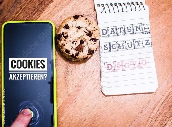 Fototapeta Pliki cookie z tabletem do zilustrowania banerów cookie na stronach internetowych z akceptacją plików cookie w języku niemieckim Ochrona danych RODO w języku angielskim Pliki cookie akceptują ochronę danych RODO