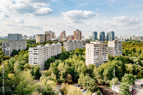 Fototapeta  panorama of modern residential quarters in new places in Moscow on an autumn day