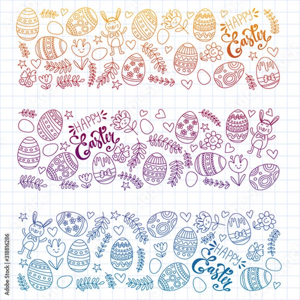 Fototapeta Happy Easter. Vector pattern with eggs, bunny, flowers.