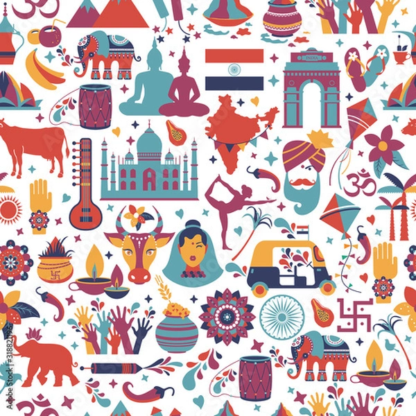 Fototapeta Traditional symbols of India seamless pattern on white background.