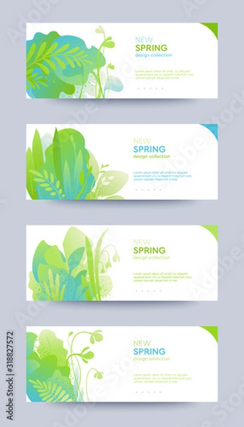 Fototapeta Set of spring themed banners with copy space for text. Seasonal announcement or promotional templates for web, graphic design, advertising, social media, labels or stickers. Modern flat style vector