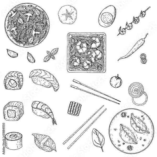 Fototapeta Set of pan asian food. Hand-drawn style. Vector illustrations. Isolated objects on a white background.