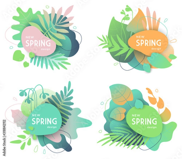 Fototapeta Set of spring floral compositions. Seasonal announcement or promotional templates for web, graphic design, advertising, social media, labels or stickers. Modern flat style vector illustrations